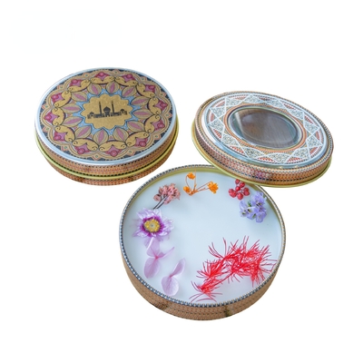 Kemasan Wadah Saffron Kosong Round Pvc Window Cookies Biscuit Metal